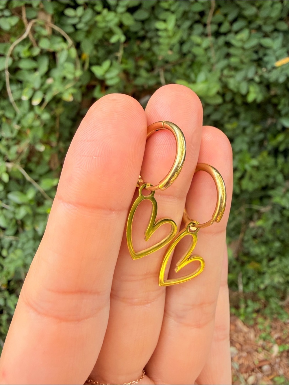 Gold Heart Hoop Drop Earrings - Stainless Steel - Picture 4 of 8